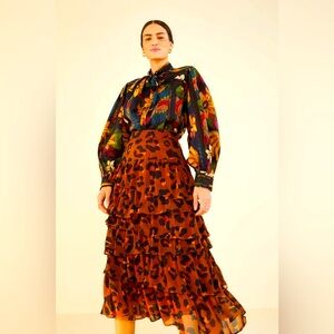 Farm Rio tiered maxi skirt cheetah print, size small.